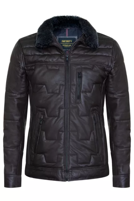 Homme Marron Doudoune Veste Cuir Matelassé Blouson Chaud Peau D'Agneau Motard