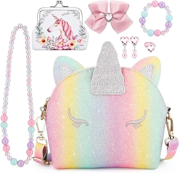 Unicorn Purse for Little Girls 7Pcs Cute Crossbody Bag With Jewelry Set for Kids