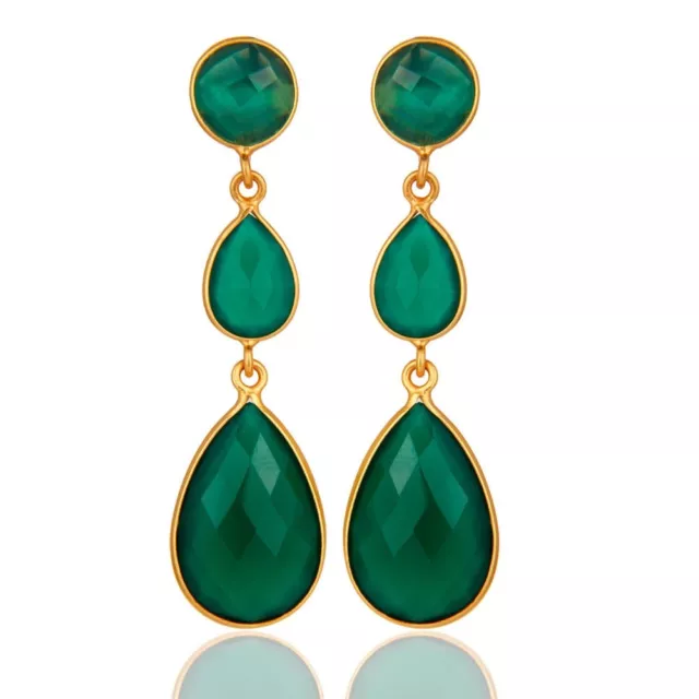 Green Onyx 18K Gold Plated 925 Sterling Silver Dangle Earrings Gemstone Jewelry