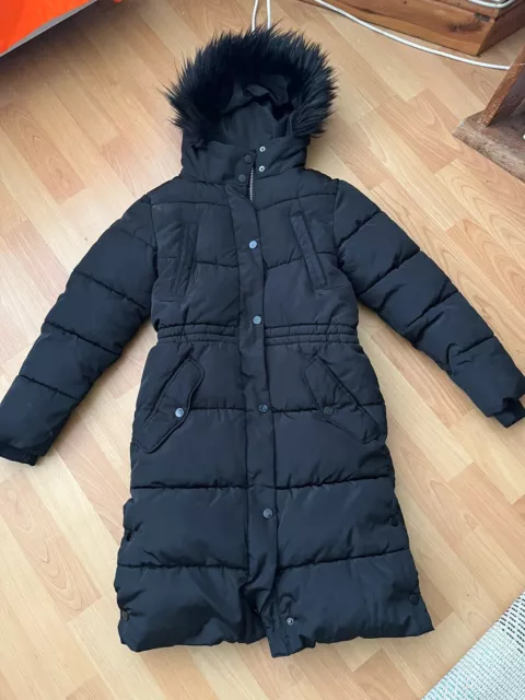 NEXT- Girls Black Puffa Coat Aged 9 Yrs / 134 Cm Fur Lined Hood Knee Length