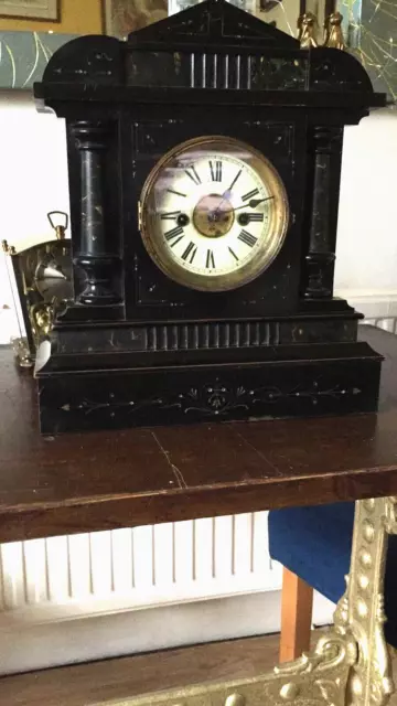 Large 19th century mantel clock in architectural ebonised and marble effect case