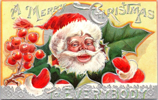 SANTA'S Head Through Holly Leaf, CHRISTMAS Postcard - St Nicholas Series No 3