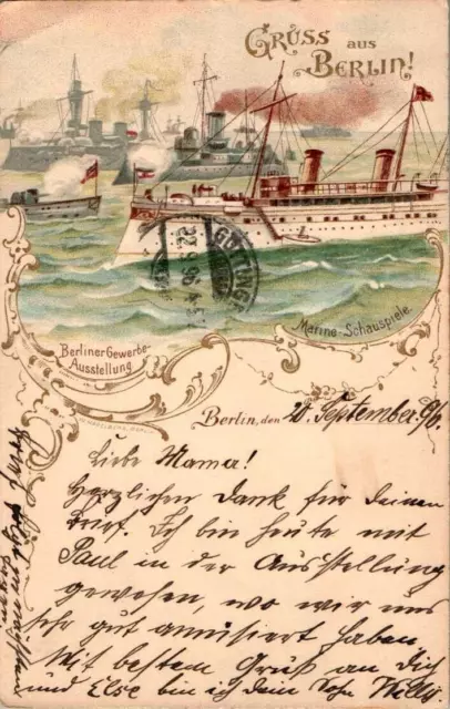 LITHO GRUß AUS BERLIN GEWERBE AUSSTELLUNG MARINE SCHAUSPIELE COL. 1896