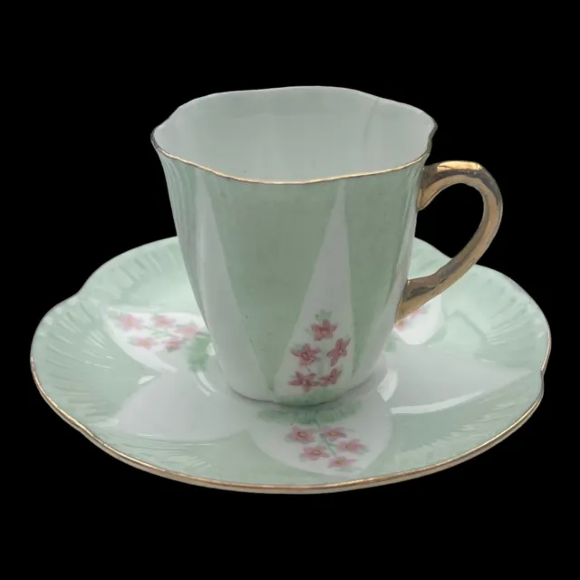 Pair  Shelley Demitasse Cup a Saucer Green Dainty Floral Pink 1953 small Damage