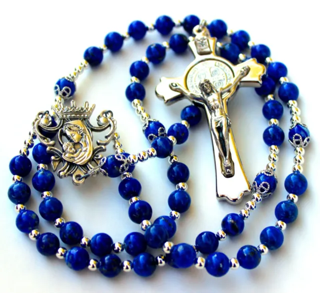 Beautiful & Durable Lapis Lazuli Gemstone Catholic Rosary With Silver Crucifix