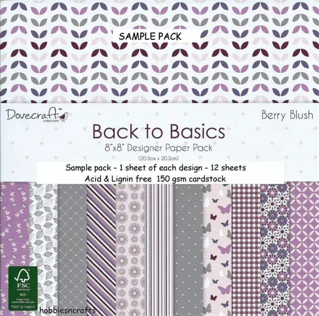 Beere Erröten Dovecraft Back To Basics 8 x 8 Muster Papier Packung 12 Blätter