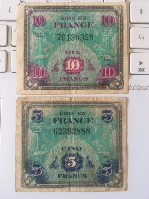 Lot deux billet 5 francs et 10 francs 1944 WW2 débarquement usa