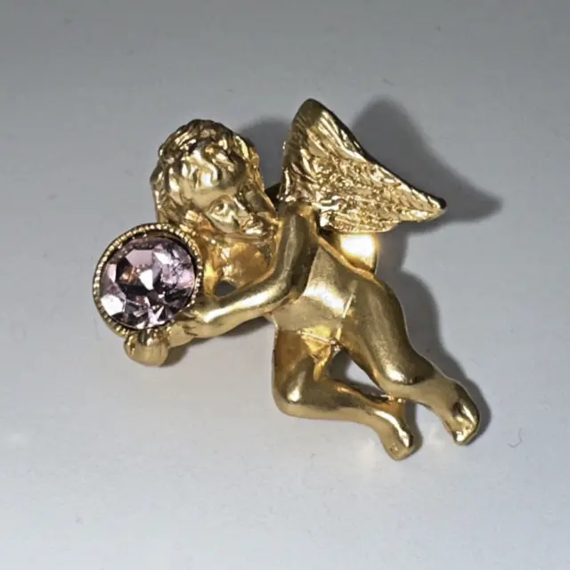 Vintage Avon Signed Gold Tone Cherub Pin With Pink Rhinestone