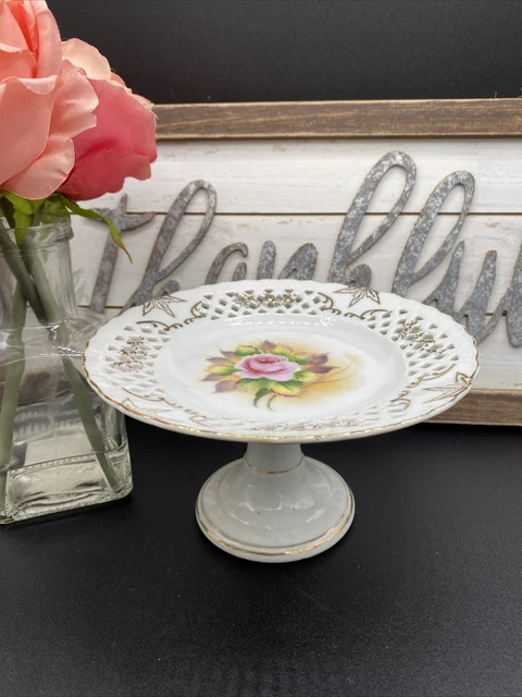 Vintage Footed Porcelain Reticulated 6.5” Compote Bowl Dish Plate Stand W/Rose
