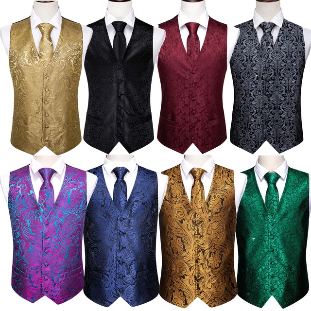 Mens Waistcoat Black Paisley Formal Workwear Vintage Vest Tie Set Regular Fit