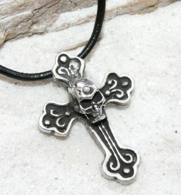 GOTHIC SKULL CROSS Pewter Pendant Leather Necklace Surf