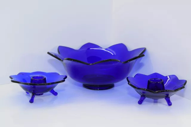 Vintage Fenton Amberina Cobalt Blue Flower Pedal Candle Holders & Candy Dish