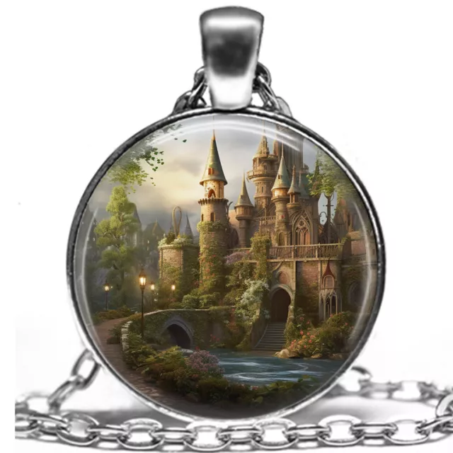 Enchanting Fairytale Castle in Lush Forest Fantasy Necklace 24" Oval Link Chain