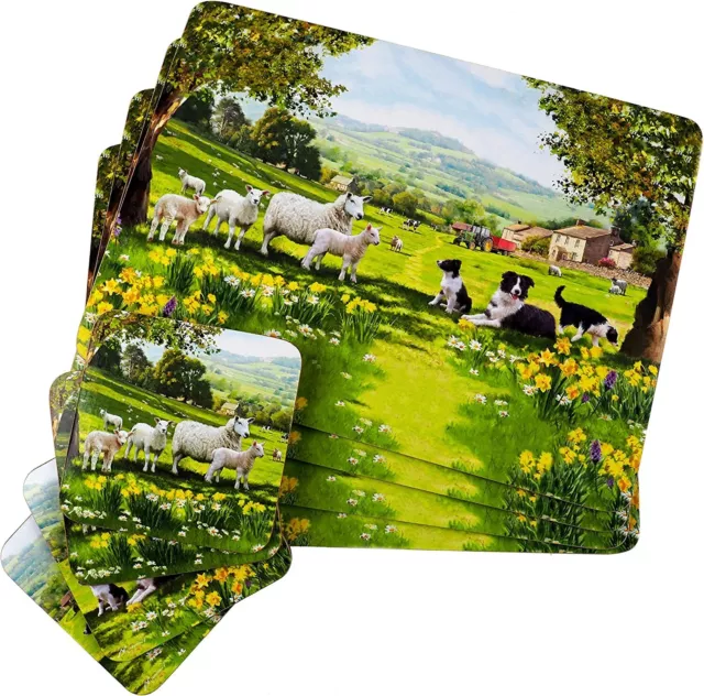 Set of 4 Table Placemats & Coasters - Collie Sheep Farmyard