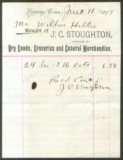 J C Stoughton Dry Goods billhead Wapping CT 1897