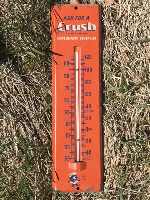 Rare Scarce Vintage Orange Crush Metal Advertising Thermometer With Crushy!