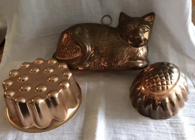 Lot Of 4 Copper Toned Gelatin Jello Molds Wall Decor -Cat, Pineapple, & Round
