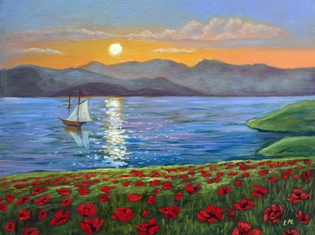 Paisaje marino original velero al óleo pintura yate puesta de sol paisaje artista ucraniano