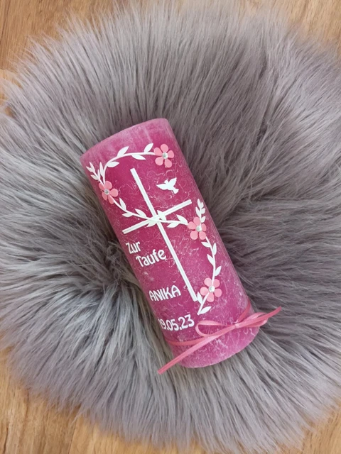 Taufkerze Rustikal Beere Mädchen personalisiert Kreuz Neu