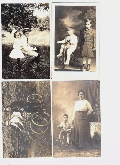 (4) Real Photo Postcards RPPC - Lot of 4 Children on Tricycles / Bicycles