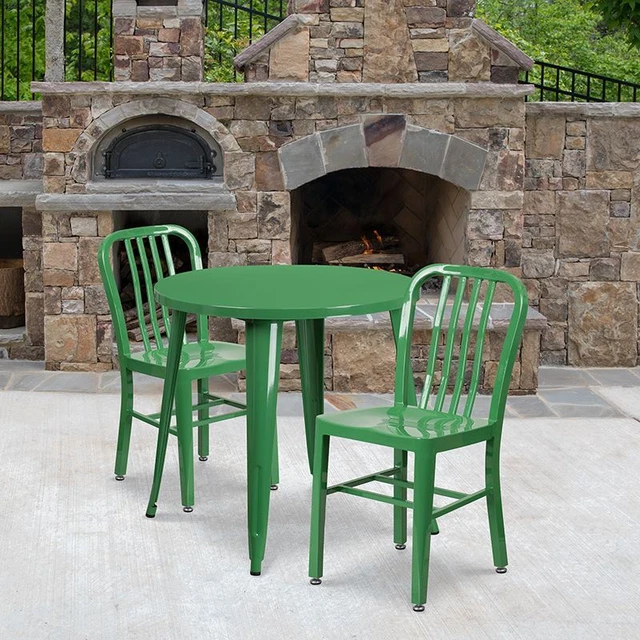 Commercial Grade 30" Round Green Metal Indoor/Outdoor Table Set w/2 Vertical Sla