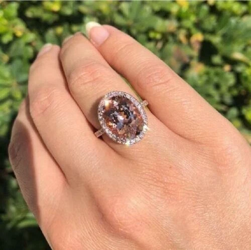 3.20 Ct Lab Created Women's Oval Cut Halo Morganite Ring 14K Gold Plated Silver
