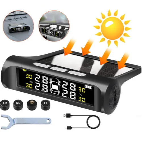 Wireless Solar TPMS LCD Car Tire Pressure Monitoring System 4 External Sensors