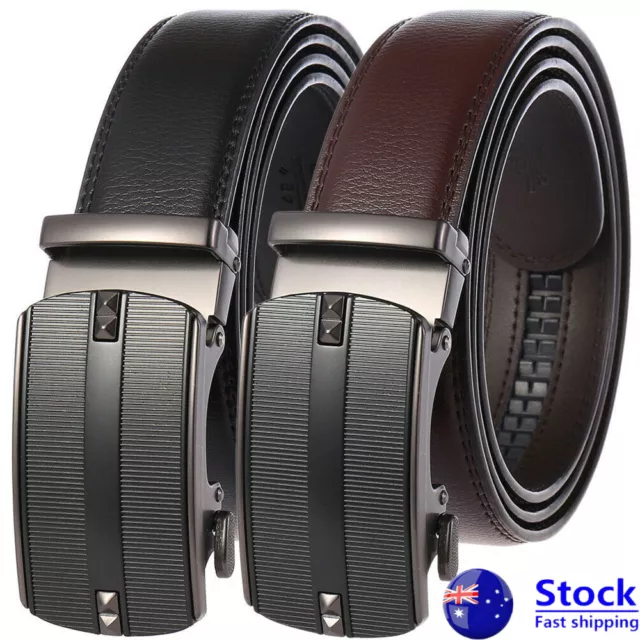 Luxury Men's Real Leather Belt Automatic Buckle Ratchet Waist Strap Jeans Dress`