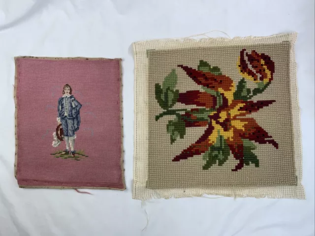 Dos tapices usados ​​de colección con punta de aguja artesanía floral hombre escenas de pie