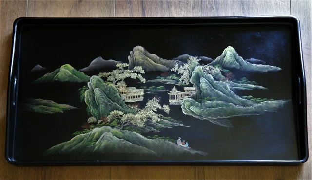 Large Chinese Lacquered Wooden Tray Hand Painted Mid Century App 62cmx32cmx5cm