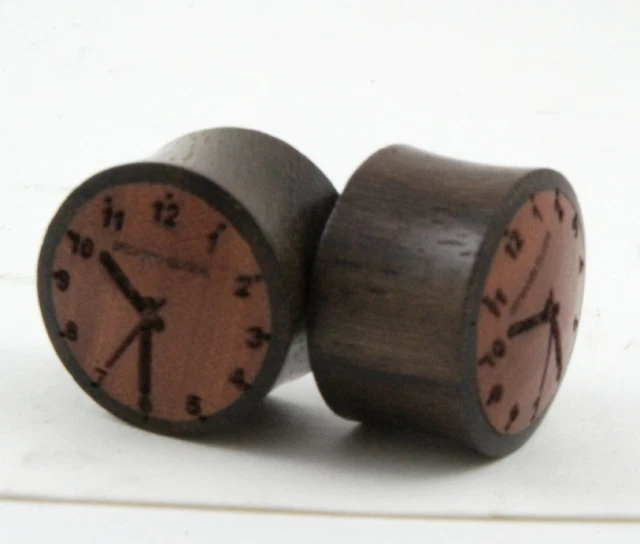 Sono Wood Time Clock Ear Plugs Gauges Hand Made Carved Crafted 00g - 3/4g PAIR