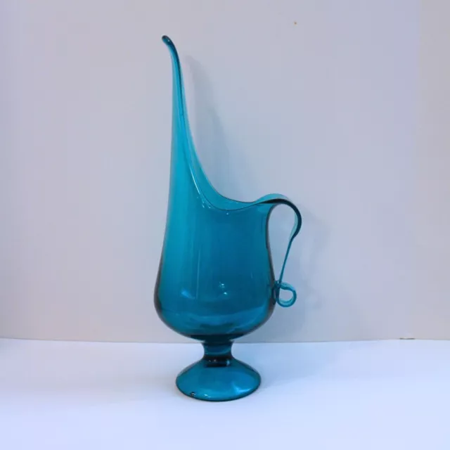 Vintage MCM LE Smith Peacock Blue Glass Footed Ewer/Pitcher with Handle 16" Tall