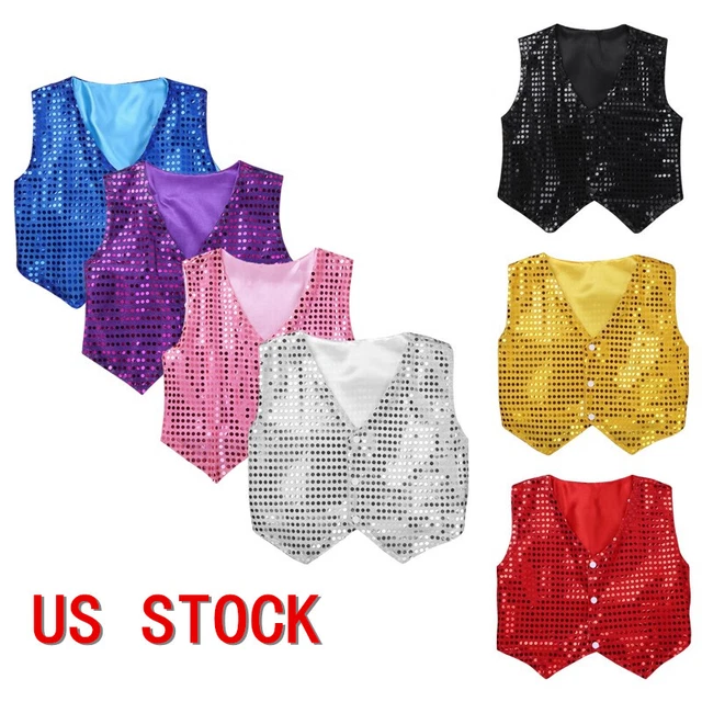 US Boys Girls Sequins Waistcoat Shiny Jacket Vest Jazz Dance Show Costume Tops