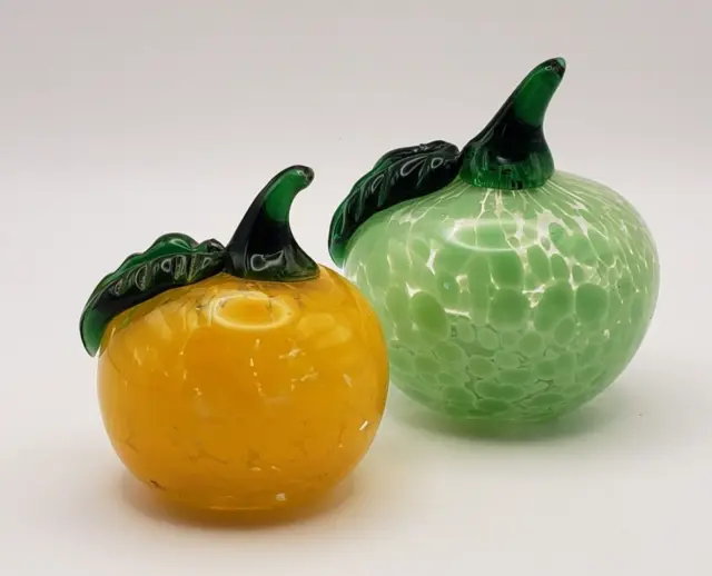 Gorgeous Vintage Yellow & Green Art Glass Apple Paperweight Lot of 2