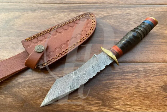 9" Custom Hand Made Damascus Hunting Knife | Stag Antler 