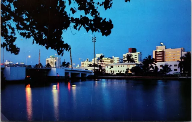 Evening Sky Indian Creek Miami Beach Florida FL Hotels Glow Postcard VTG UNP