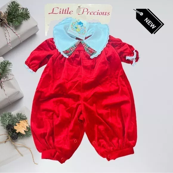 VTG NWT LITTLE PRECIOUS Holiday Red Velour Puritan Collar Bubble Romper 6-9 mnth