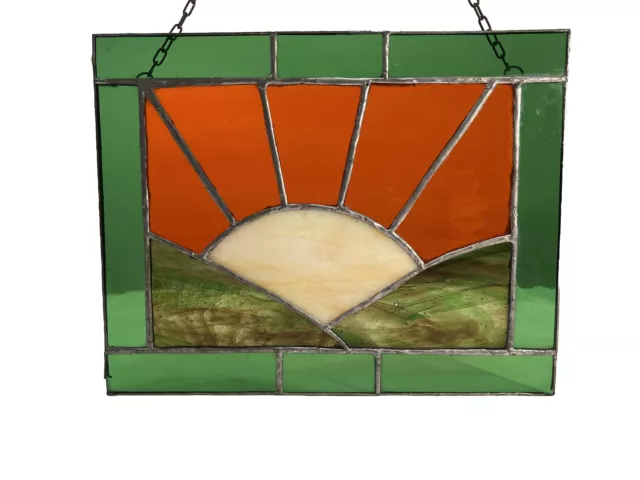 Vintage Handmade Hanging Stained Glass Sunset Sunrise Country Nature Sun 10x8
