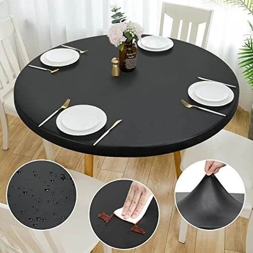 Double Fitted Design PU Round Fitted Tablecloth Anti-Tear Wipeable Elastic Ro...