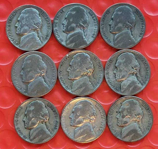 Lot of 9 VINTAGE JEFFERSON SILVER WAR NICKELS 1942 - 1945 No Dupes Circulated
