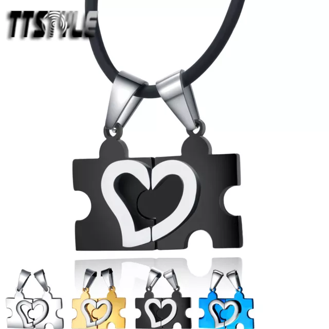 TTstyle Stainless Steel Love Heart Puzzle Pendant For Couple Two Free Chains