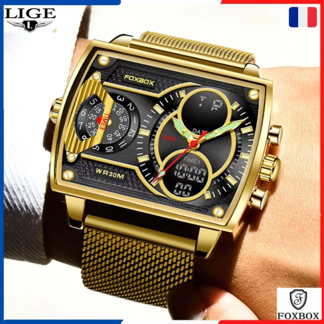 LIGE – Montre de luxe,  Carré, Sport, Étanche, Double affichage, Chrono, Doré