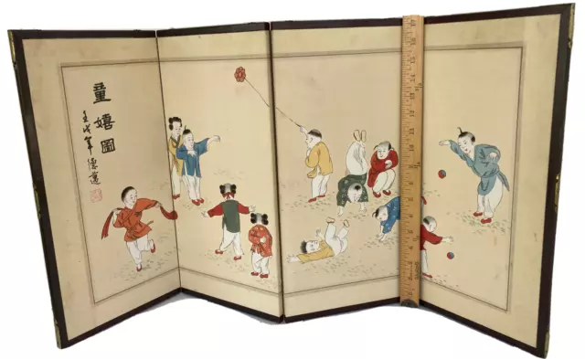 Chinese Silk Hand Painted 4 Panel Screen Children Playing 17" Antique 30's