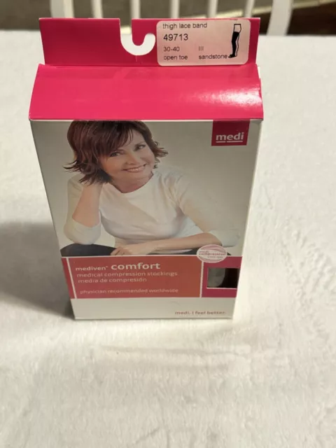 Medi Compression Stockings 30-40 Sz III Open Toe Sandstone Thigh Lace Band New