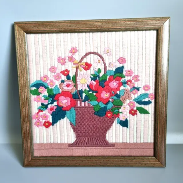 Vintage crewel embroidery picture handmade 1985 Basket Flowers Floral 35cm