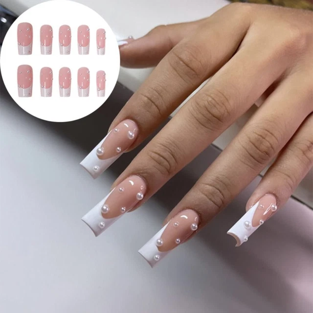 Wearable Press on Nails Full Cover Square Head Long French Fake Nails Pearl