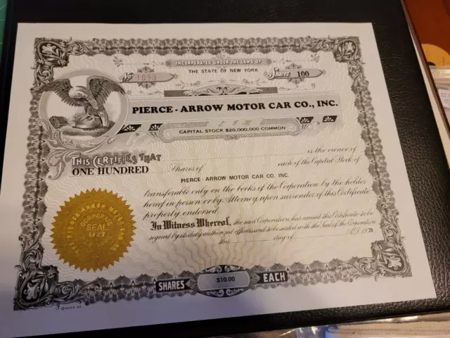 Pierce Arrow Motor Car Co. Vintage 1928 Stock Certificate 100 Unissued Shares