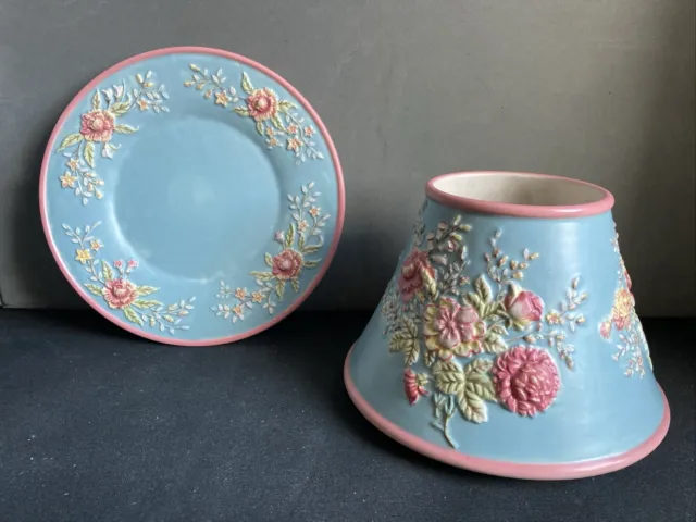 Grosses Yankee Kerzenschirm Topper & Tablett Rosa & Blau Blumendesign Keramik-Set