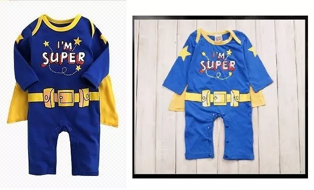 NEW BABY BOY I'M SUPER Superman Hero Long Sleeves Romper & Cape 6-24m Size 0/1/2