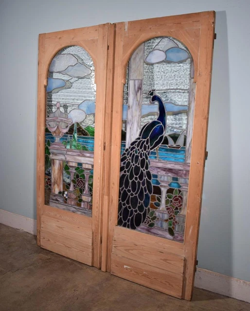 *Beautiful Pair of Pine Antique French Stained/Leaded Glass Doors with Peacock 3